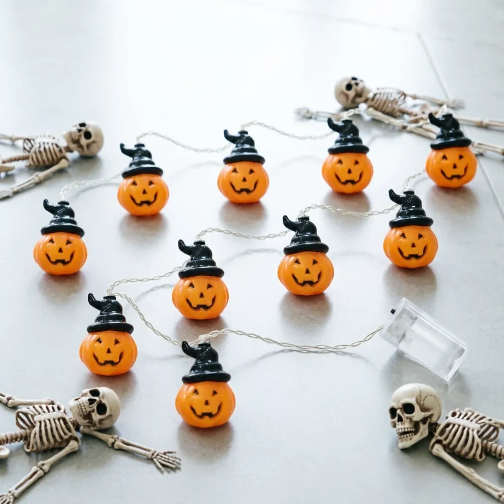 1/2/3 Sets 10‑LED Holiday String Lights with Black‑Hat Artificial Pumpkin Heads, Indoor, Yard, Tabletop,Tree Halloween Decor