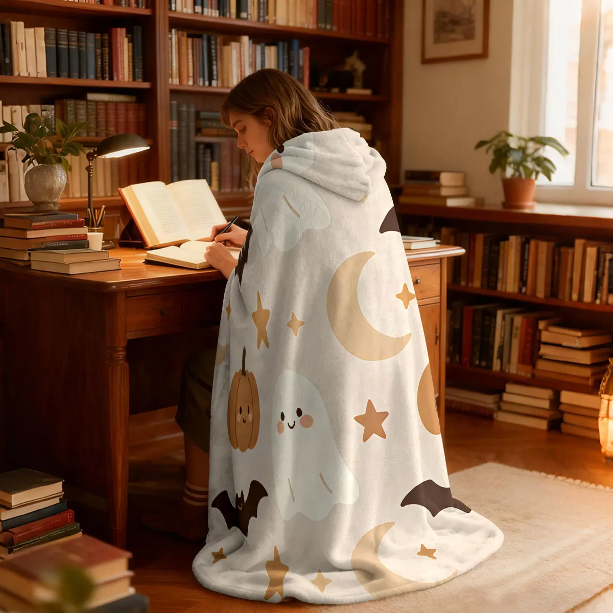 1pc Halloween ghost pumpkin bat star moon print hooded blanket flannel hoodie wearing cape blanket soft comfortable  washed
