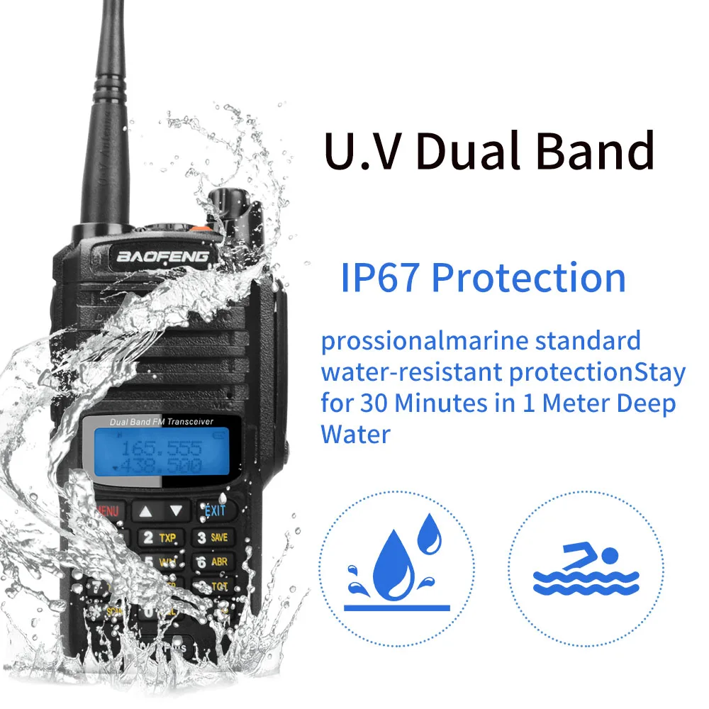 

Baofeng VHF UHF IP67 Waterproof UV-9RPlus Dual Band FM Walkie Talkie UV-9R Plus 8w 128Ch With Flashlight 4000mAh Battery