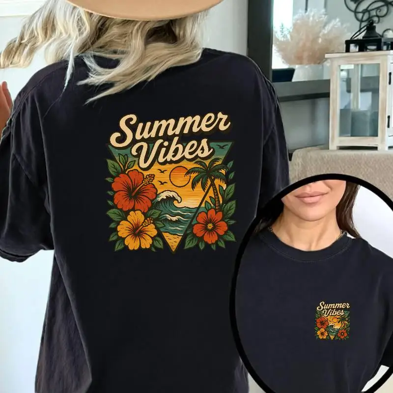 

Summer Vibes T-Shirt Unisex Retro Beach Graphic Tee Tropical Vacation Palm Tree Hibiscus Flower Cotton Top Holiday Gift