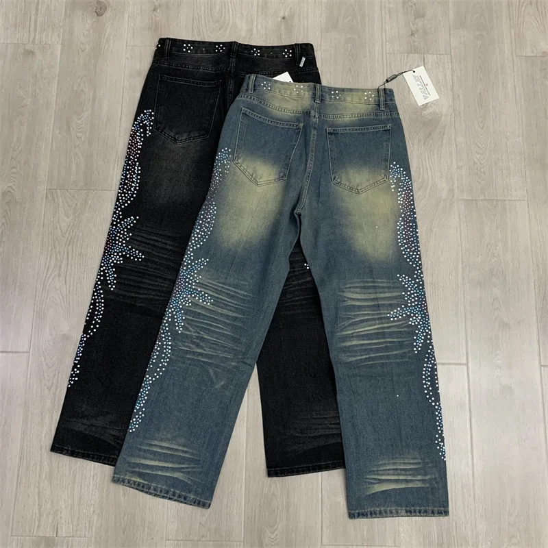 

Full Hot Drill Ripped Pants VALLEY Blue Jeans Men Women Vintage Black Vale Denim Trousers