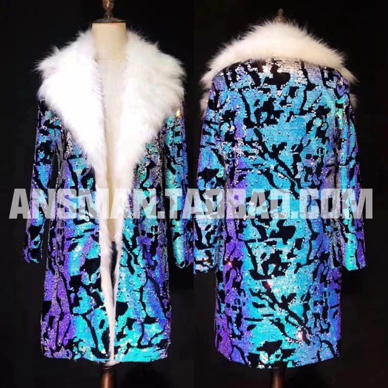 New Men Slim Windbreaker Jacket  Bar Nightclub Male Singer Hip Hop Stage Dance Costume Colorful Blue Sequins Fur Coat Size S-5XL