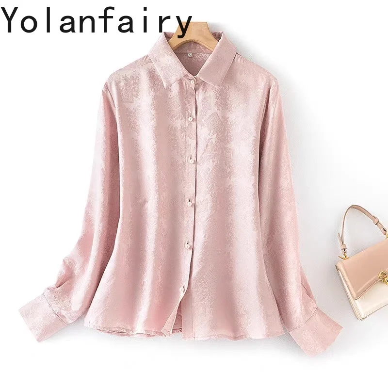 

YOLANFAIRY 100% Mulberry Silk Shirt Woman Office Wear Elegant Real Silk Jacquard Blouse Shirts Dames Long Sleeve Tops Pink Shirt