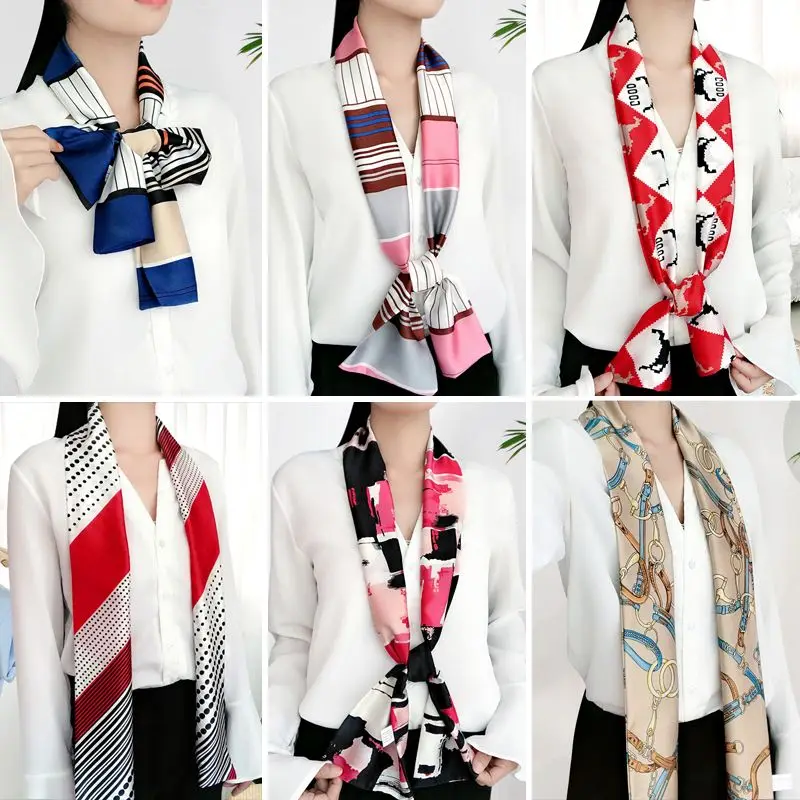 

Spring Summer Versatile White Shirt Decoration Occupation Thin Narrow Long Silk Scarf Bow Autumn and Winter Women's Streamer Tie