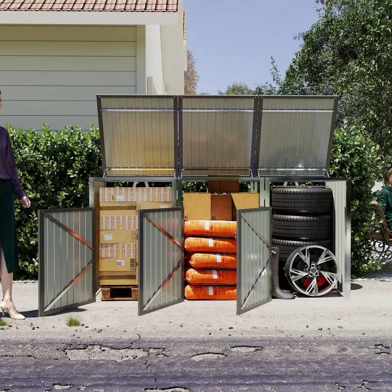 

Outdoor Trash Can Shed for 3 Cans with Pneumatic Support Rod, Lockable Doors & Waterproof Lid, Ideal for Patio, Garden,