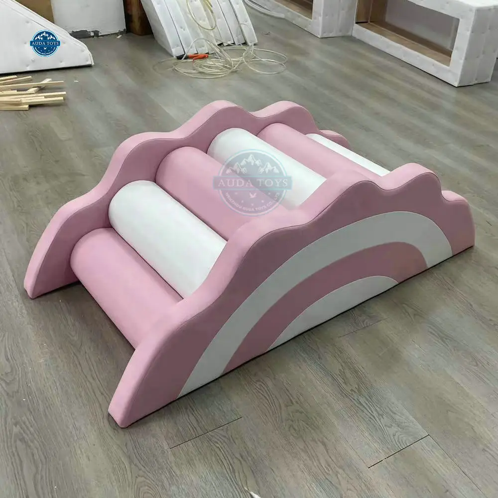 Customized Indoor Kids Playground Equipment 1-6 Years Pink And White Waved Rainbow Wood & PU Soft Play Climbers