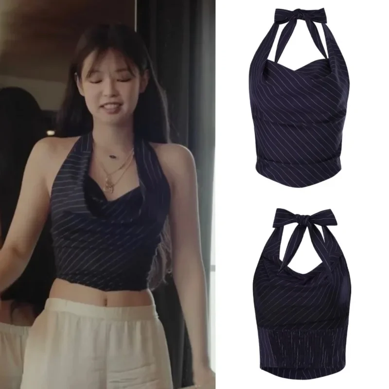 Jennie Same High Street Striped Halter Tank Top 2024 New Y2k Sexy Sleeveless Backless T Shirt Solid Slim Crop Top Women Clothing