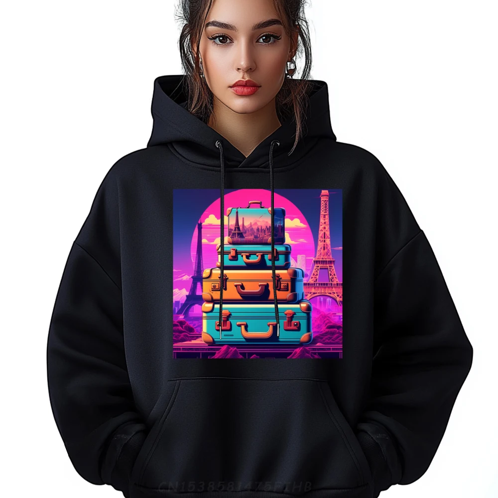 

Long Sleeve Hoodies O-Neck Woman Sweatshirt Vintage Travel Graphic Iconic Landmarks Printed On Sweatshirts Loose