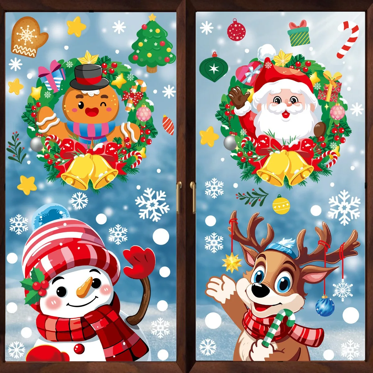 Cartoon Christmas Wreath Gingerbread Man Santa Claus Glass Stickers Cute Snowman Elk Window Stickers Merry Christma Decor 2025