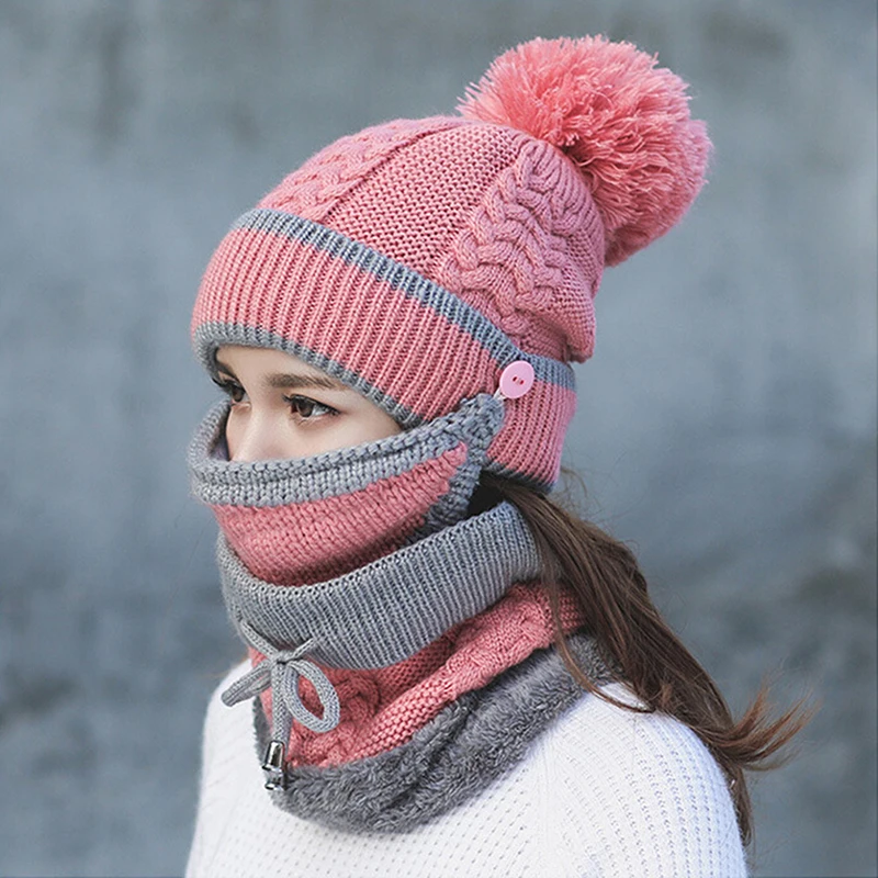 

New Fashion Autumn Winter Women's Hat Caps Knitted Warm Scarf Windproof Multi Functional Hat Scarf Set clothing accessories suit