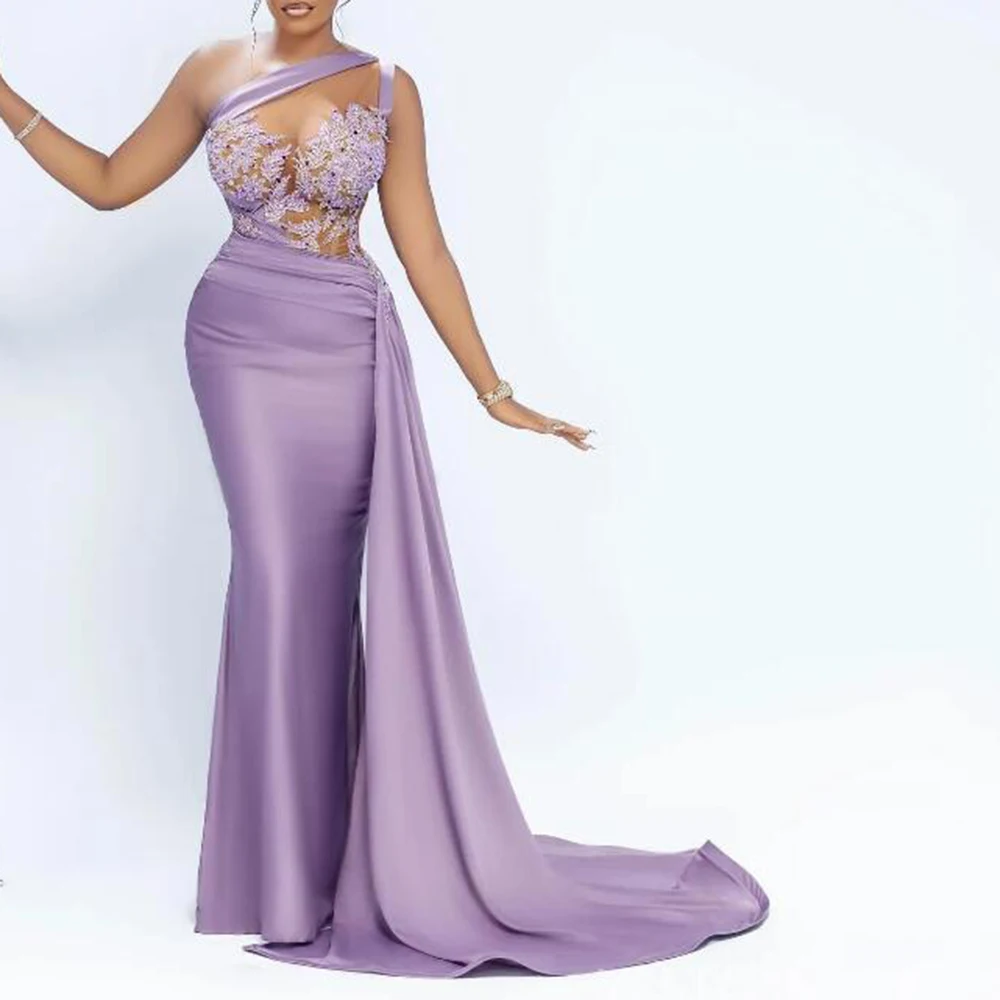

Lavender Prom Dresses Elegant Sheer Neck One Shoulder Illusion Mermaid Evening Gowns Appliqued Beaded Birthday Dress Customized
