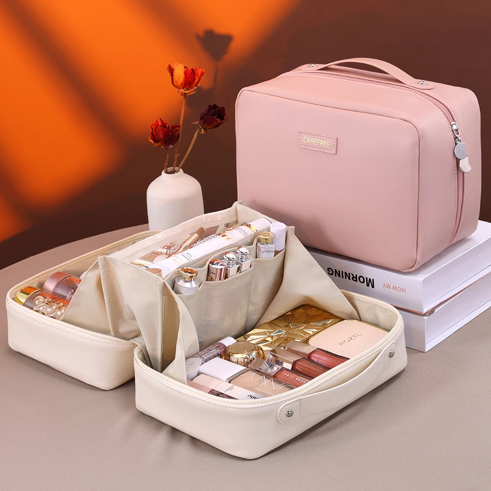 Large Capacity Waterproof PU Leather Makeup Bag Women's Portable Travel Cosmetic Storage Bag Skin Care Wash Bag