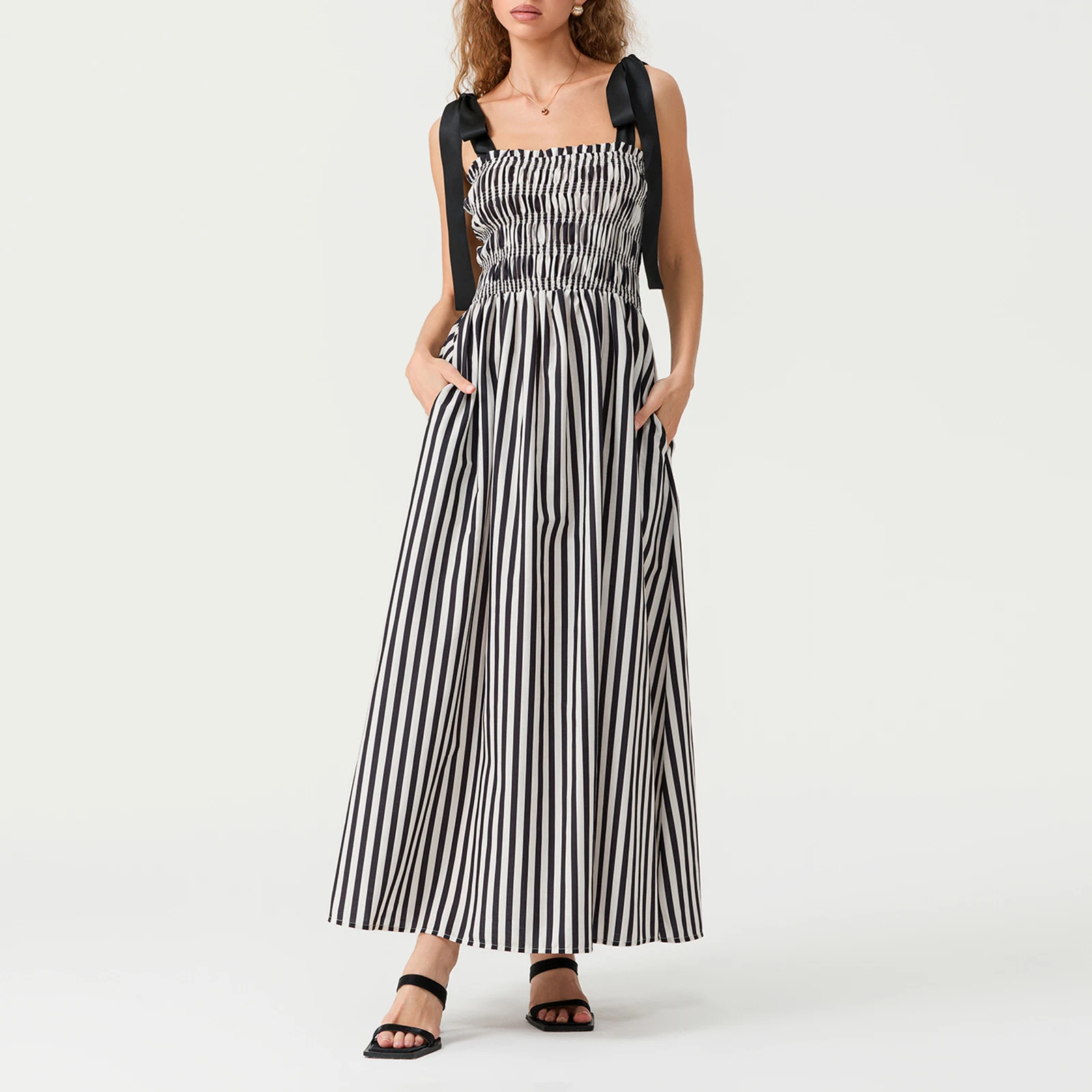

Women's Stripe Print Cami Dress Tie Spaghetti Strap Shirred Detail Backless Long Flowy Dress with Pockets