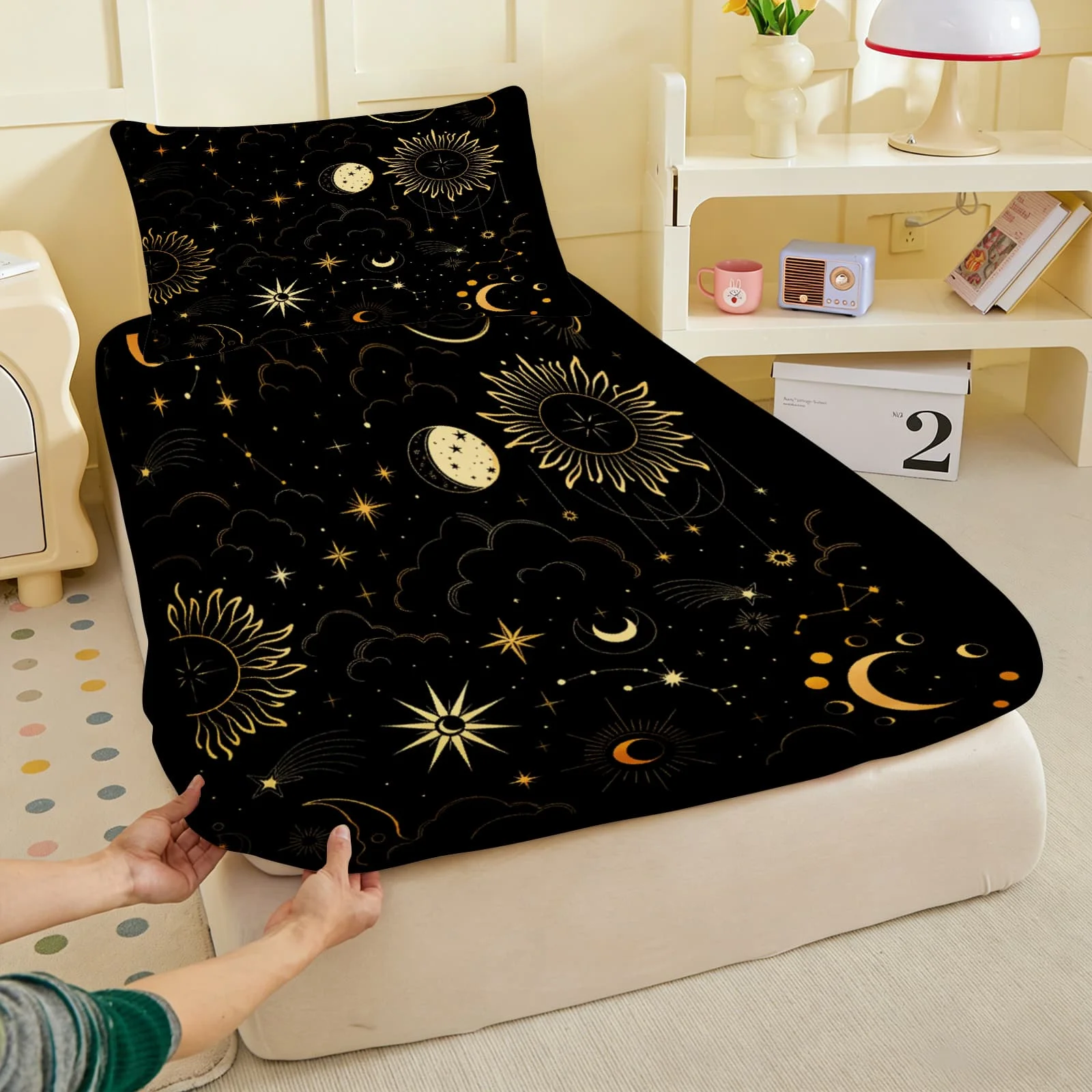 1pc Celestial Sun, Moon and Stars Print Fitted Sheet Deep Pocket Elastic Mattress Cover Single Double Queen King Bedroom Decor
