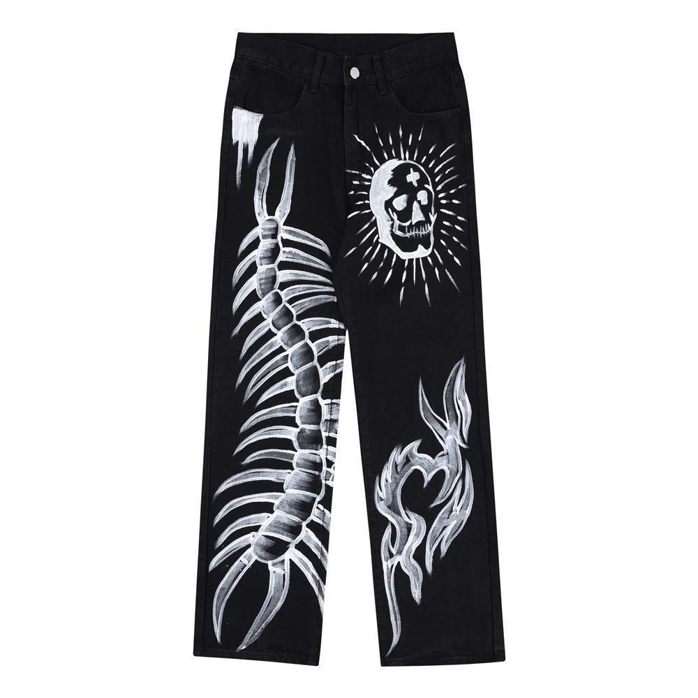 European and American street demon skull graffiti printed jeans men and women personalized straight leg wide leg casual pants