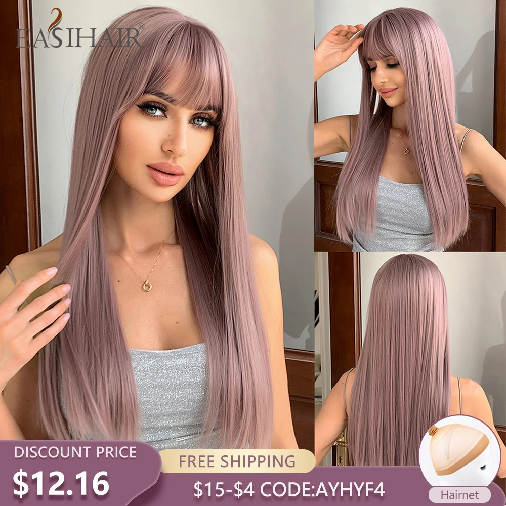 EASIHAIR Long Straight Purple Synthetic Wigs with Bangs for Women Daily Cosplay Natural Hair Wigs Heat Resistant Fiber Wig