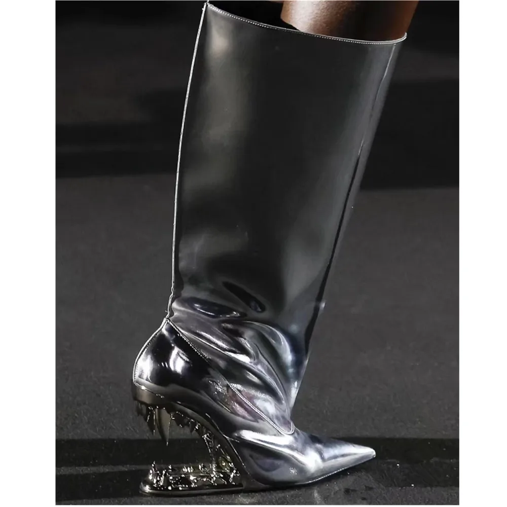 Silver Teeth Women High Heels Shoes European American Style Pointed Toe Knee High Long Boots Sexy Ladies Zipper Designers Botas