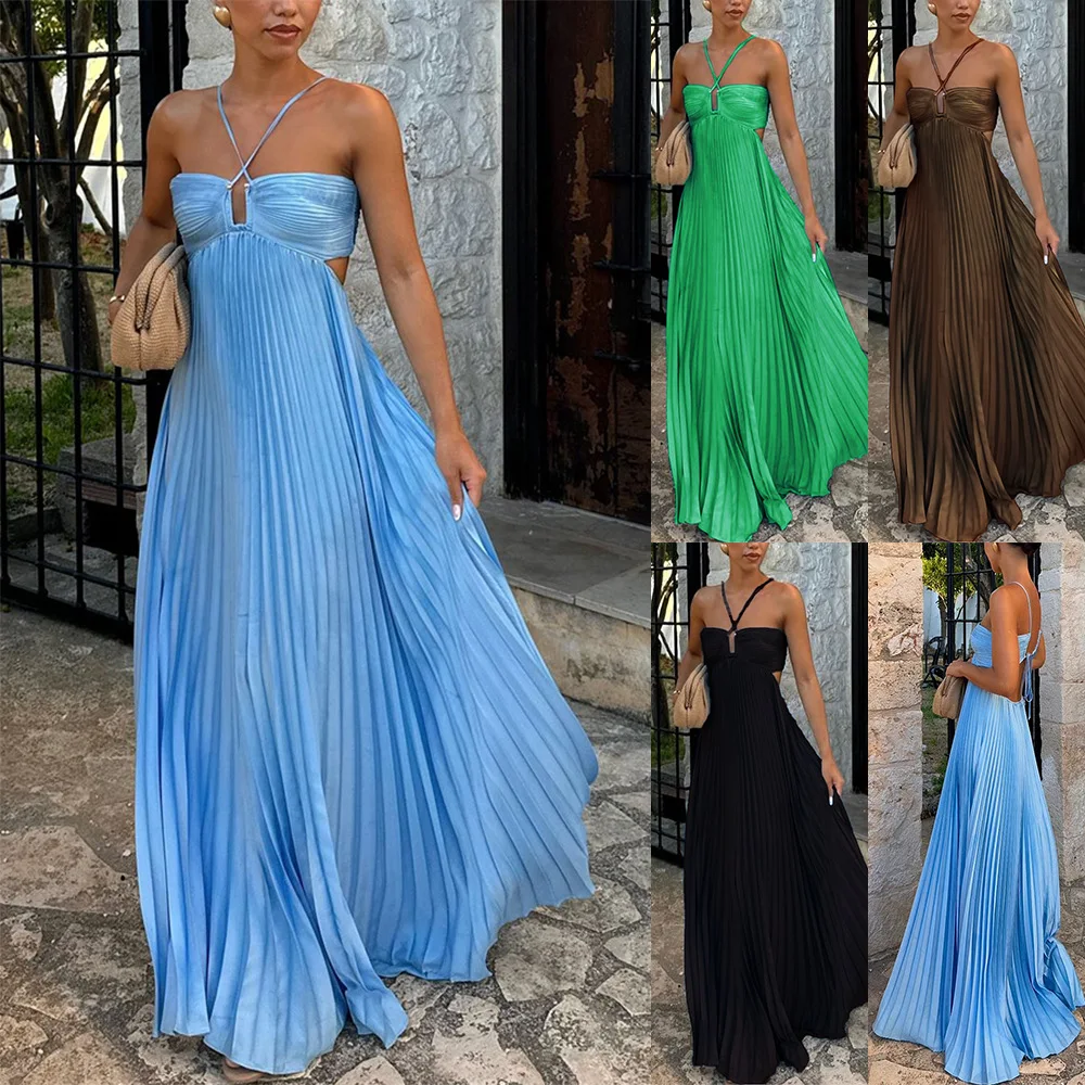 Sexy Spaghetti Strap Long Dresses Women Solid Color Backless Leace-up Pleated Dress Fashion Elegant Lady Banquet Party Vestidos