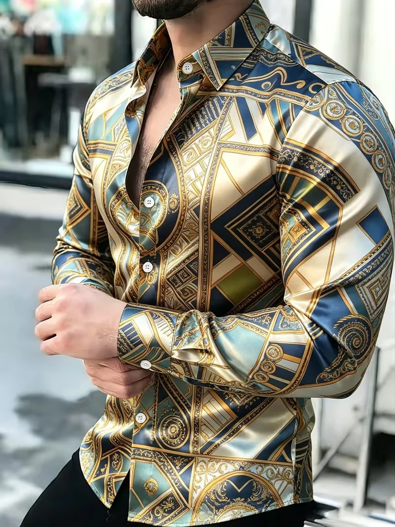New Gilded Baroque Flower Emblem Printed Long Sleeve Shirt with Pendant Sensation Bright Satin Men's Top