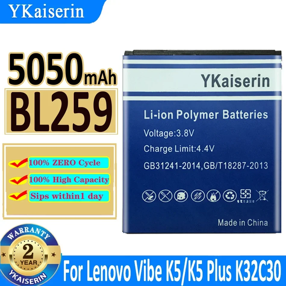 Ykaiserin bl 259 5050mah bl259 para lenovo vibe k5 k 5/k5 plus k5plus/a6020 a6020a40 a6020a46 bateria + número de rastreamento