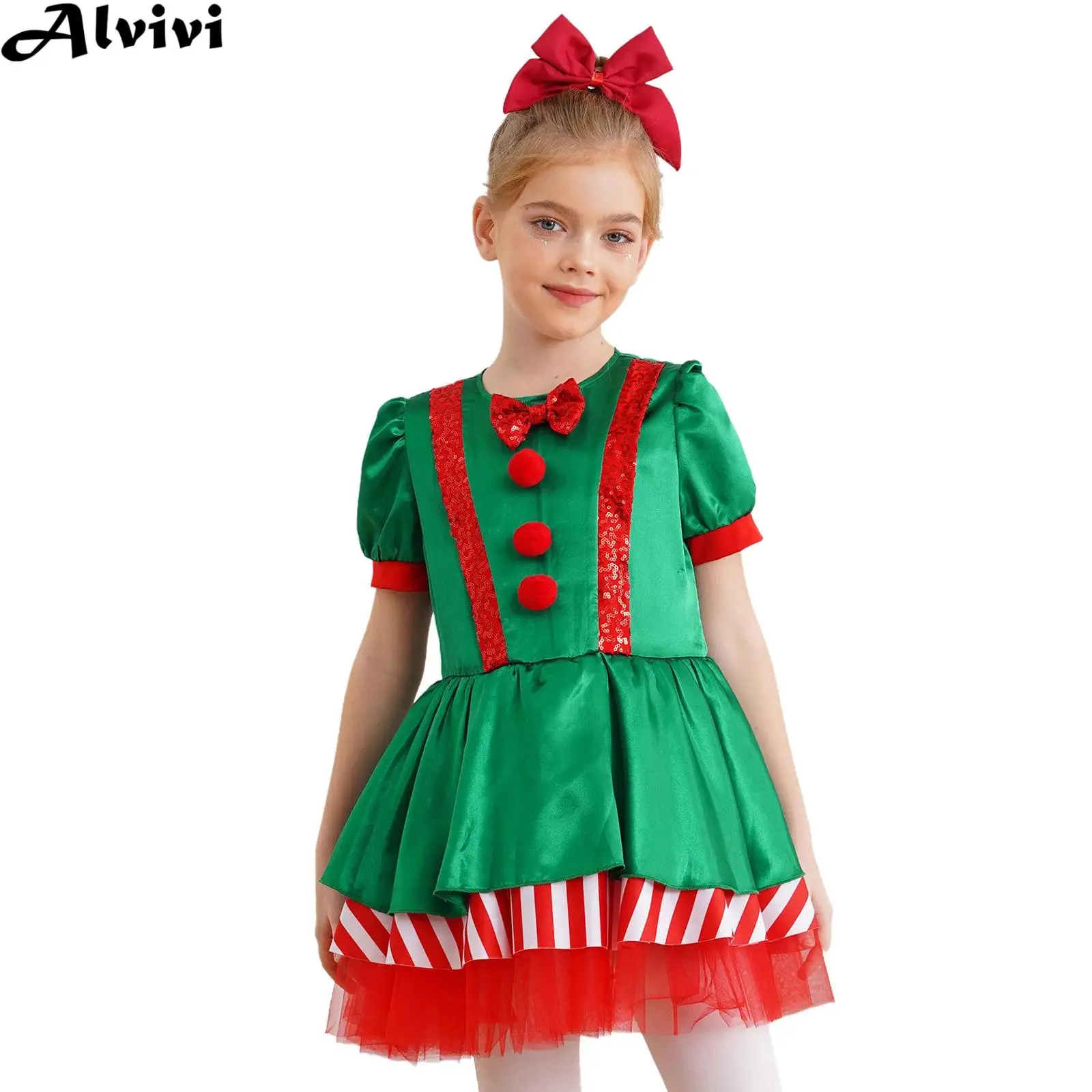 Children Girls Christmas Dance Dress Figure Skating Ballet Gymnastics Costume New Year Candy Cane Sequins Striped Leotard Tutu