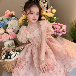 Princess Girls Dress 2024 New Summer Puff Sleeve Floral Ball Gown Dress Pink