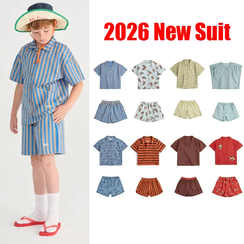 Kinder Hemden und Shorts Bekleidungssets 2026BC Neue Sommer Kollektion für Jungen und Mädchen mit Niedlichem Aufdruck Kurzarm-T-Shirts und Shorts