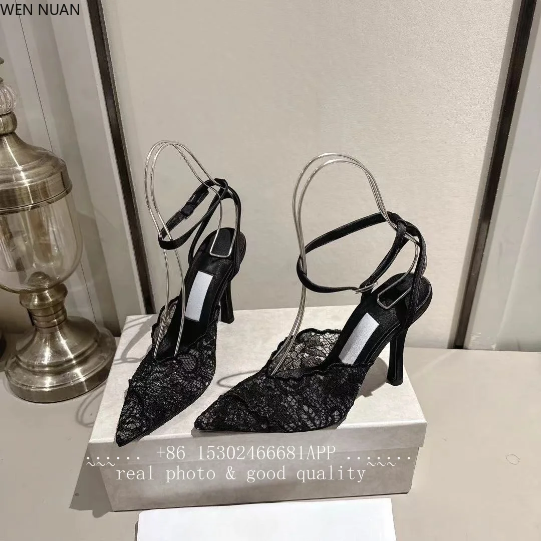 Fairy-style lace pointed-toe headband sandals for women with thin heels, one-piece strap back, versatile and elegant high heels.