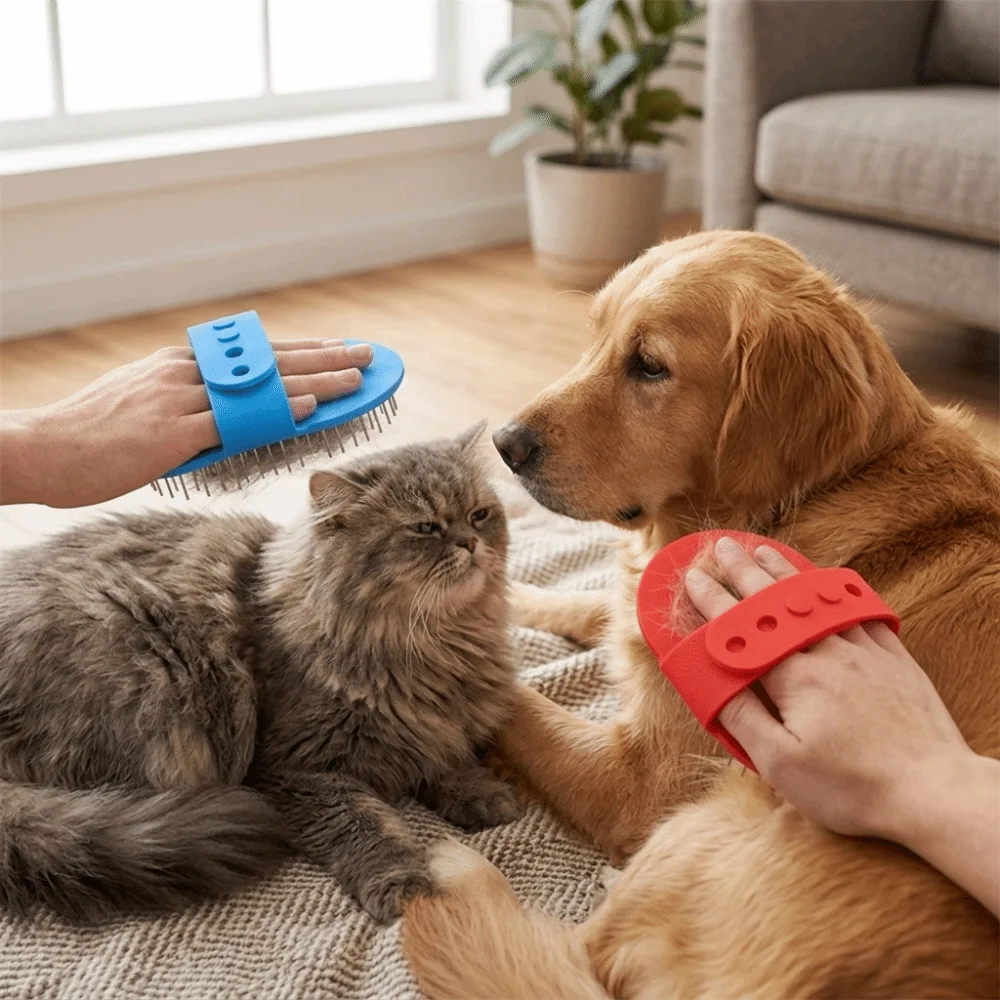 Metal Pin Pet Bath Brush Rounded Pin Tip Compact Head Pet Massage Scrubber Non Slip Grip Water Proof Dog Deshed Tool