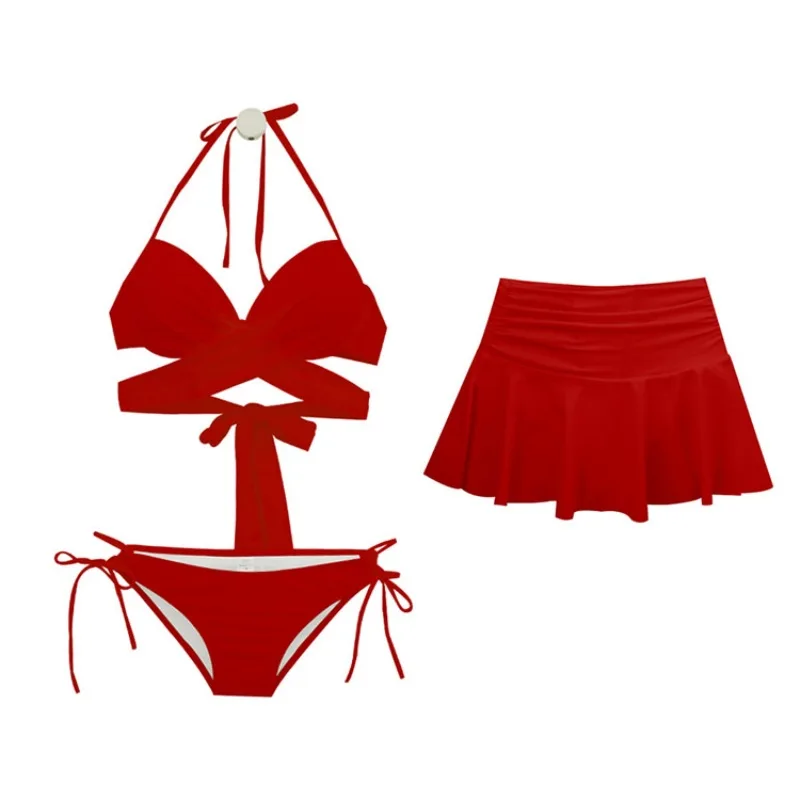 Maillot de bain rouge 3 pièces, soutien-gorge push up, culotte taille haute, style brésilien coréen, pour les femmes, vêtements de plage, nouvelle collection, 2024