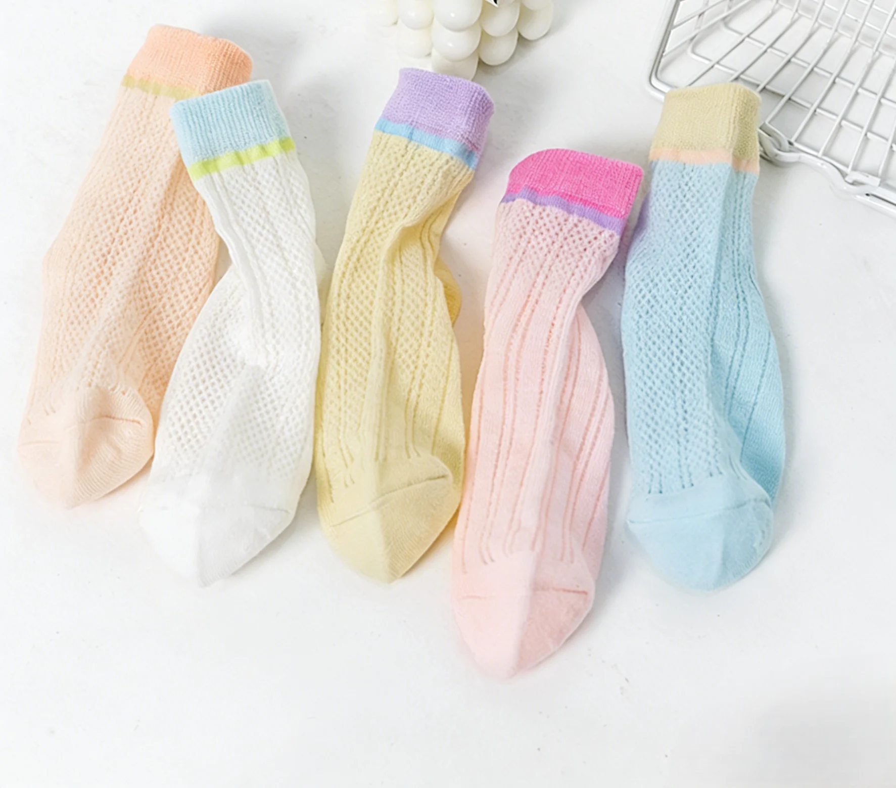 5 Pairs of Spring and Summer Baby Girl Socks, Colourful Mesh Socks, Comfortable and Soft, Non-Restrictive, Cool and Breathable