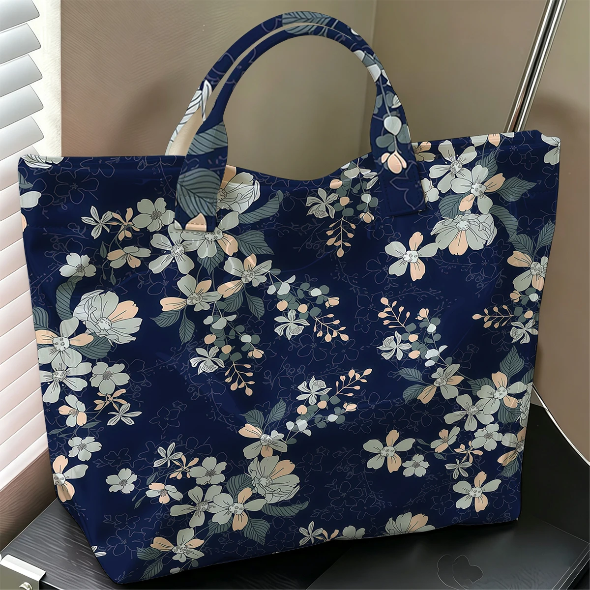 Navy Background Pastel Floral Stylish Large Glossy PVC Tote Bag Washable Waterproof Durable Ideal for Travel Commute Handbags