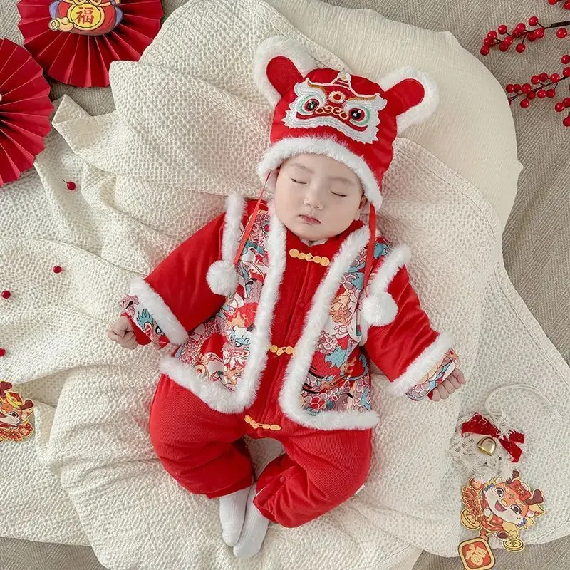 2024 New Year of The Dragon Onesie Hooded Baby New Year Dress Loveliness Baby Clothes, Newborn Crawl Suit Retro New Year Clothes