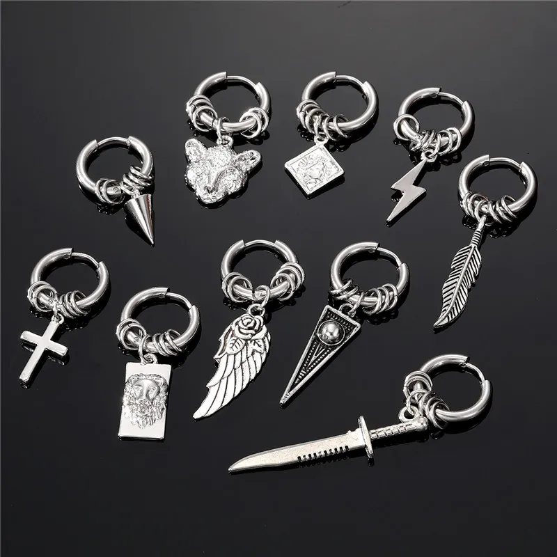 1PC Stainless Steel Feather Cross Lightning Hoop Earrings For Men Women Vintage Punk Triangles Leopard Head Wing Circle Earrings