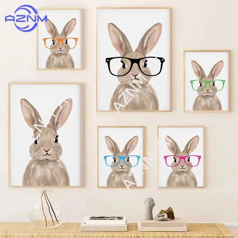 1 Stück Niedliches Kaninchen mit Brille Porträt Poster Druck Modernes Einfaches Haustier-Kaninchen Leinwandgemälde Heim-Raumdekoration