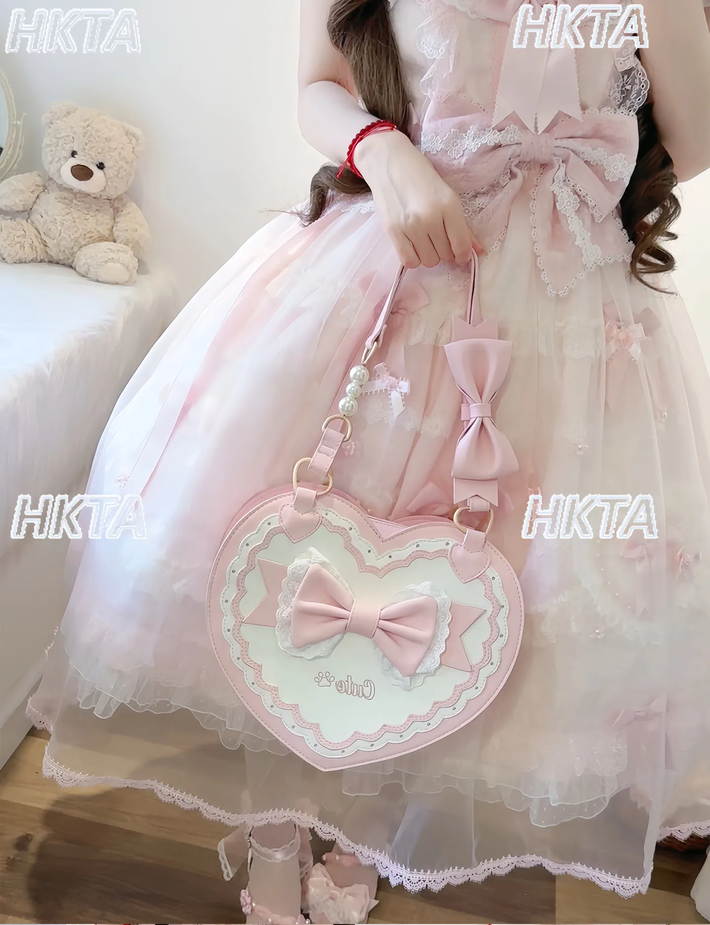 Japanese Fashion Sweet Pearl Bow Lace Embroidery Black Bag Kawaii Cute Lolita Love Messenger Bags Large Capacity Backpacks Women