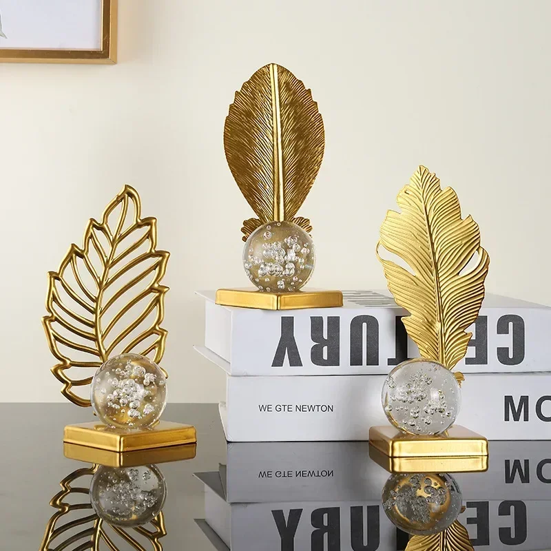 Gold Ginkgo Leaf Iron Crafts Ornaments Light Luxury Crystal Ball Decoration Living Room Wine Cabinet TV Cabinet Art Decoration