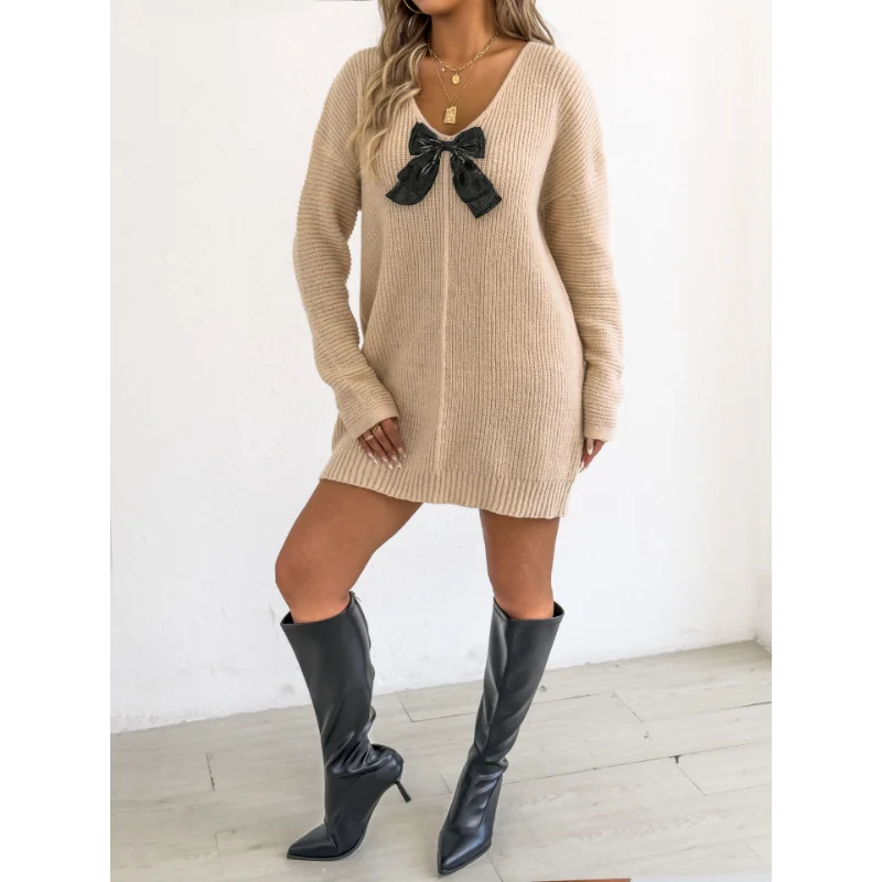 Women's Deep V Sexy Pullover Bow Patchwork Sweater Autumn Winter Bottoming Shirt Dress Does Not Include Belt
