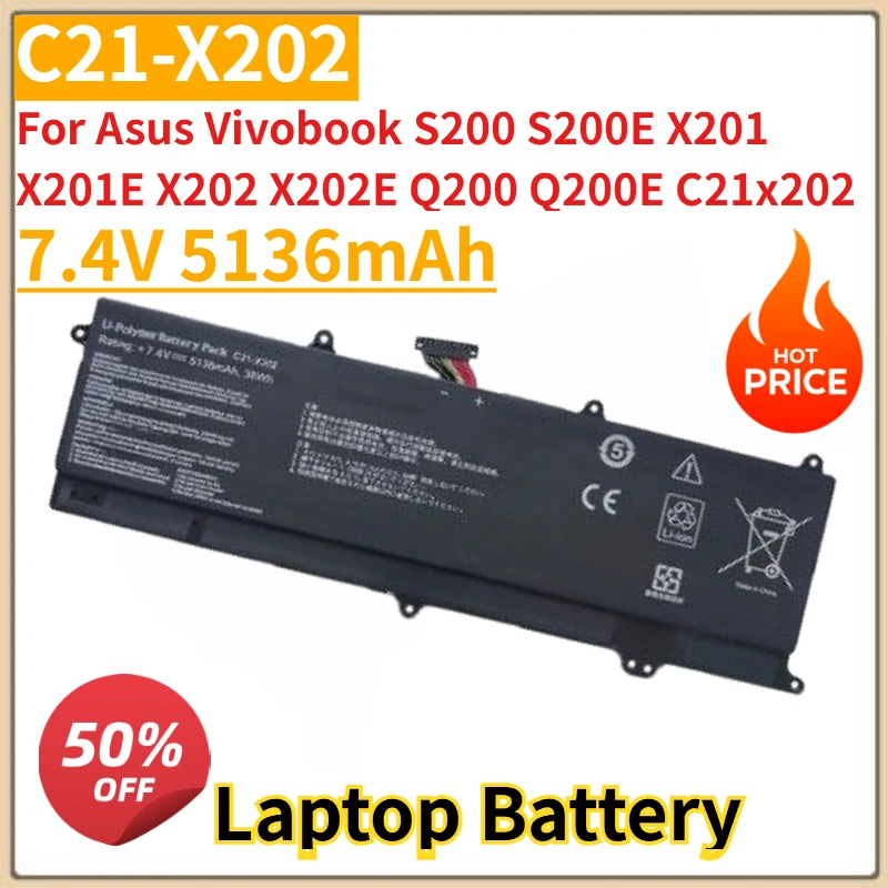 High Quality New C21-X202 Laptop Battery 7.4V 5136mAh for Asus Vivobook S200 S200E X201 X201E X202 X202E Q200 Q200E C21x202