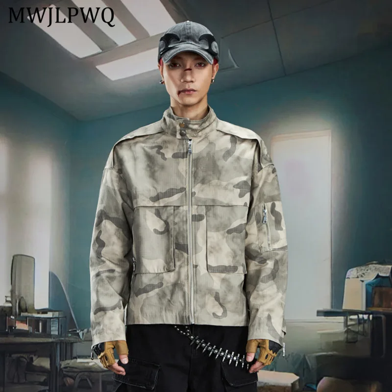 

MWJLPWQ Men's Stand Collar Camouflage Deconstructed Jacket Large Pocket Patchwork Niched Street Loose Zipper Unisex Tops 11502