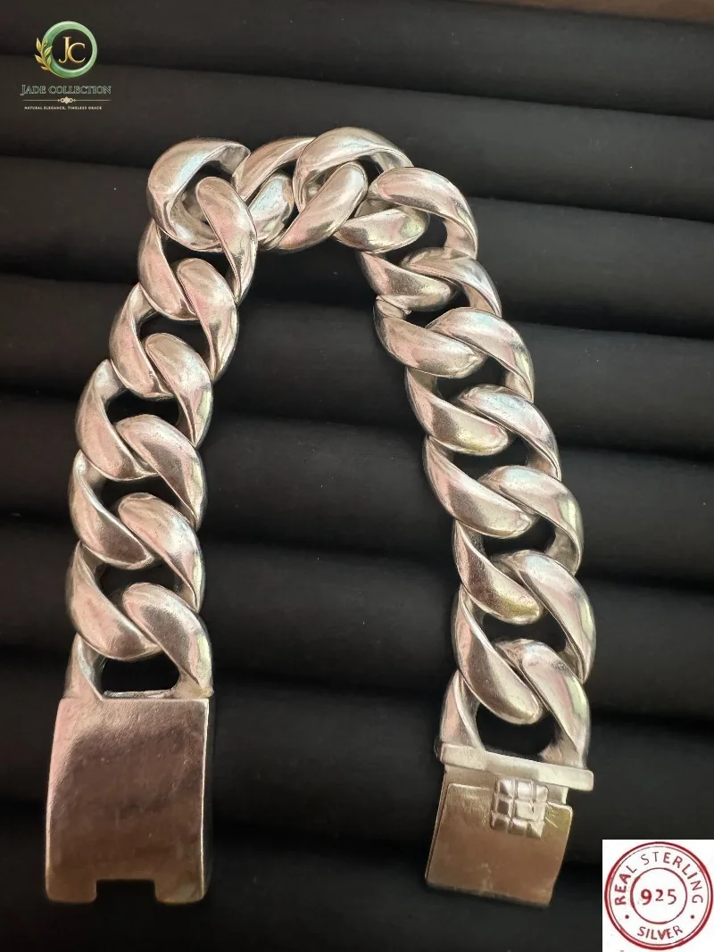 117g Silver Men Wide Cuban Link Bracelet, Minimalist Domineering Cool Street Trendy Hand Accessory