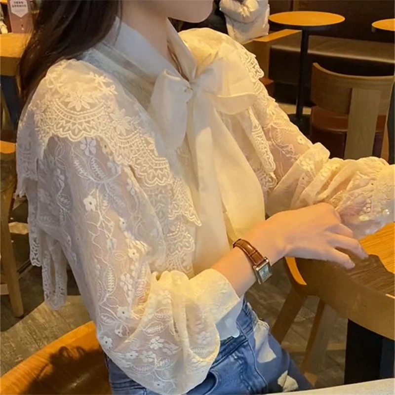 Women Vintage Embroidery Lace Bow Elegant Chic Shirts Spring Autumn Fashion Y2K Long Sleeve Solid Sweet Blouse Blusas Para Mujer