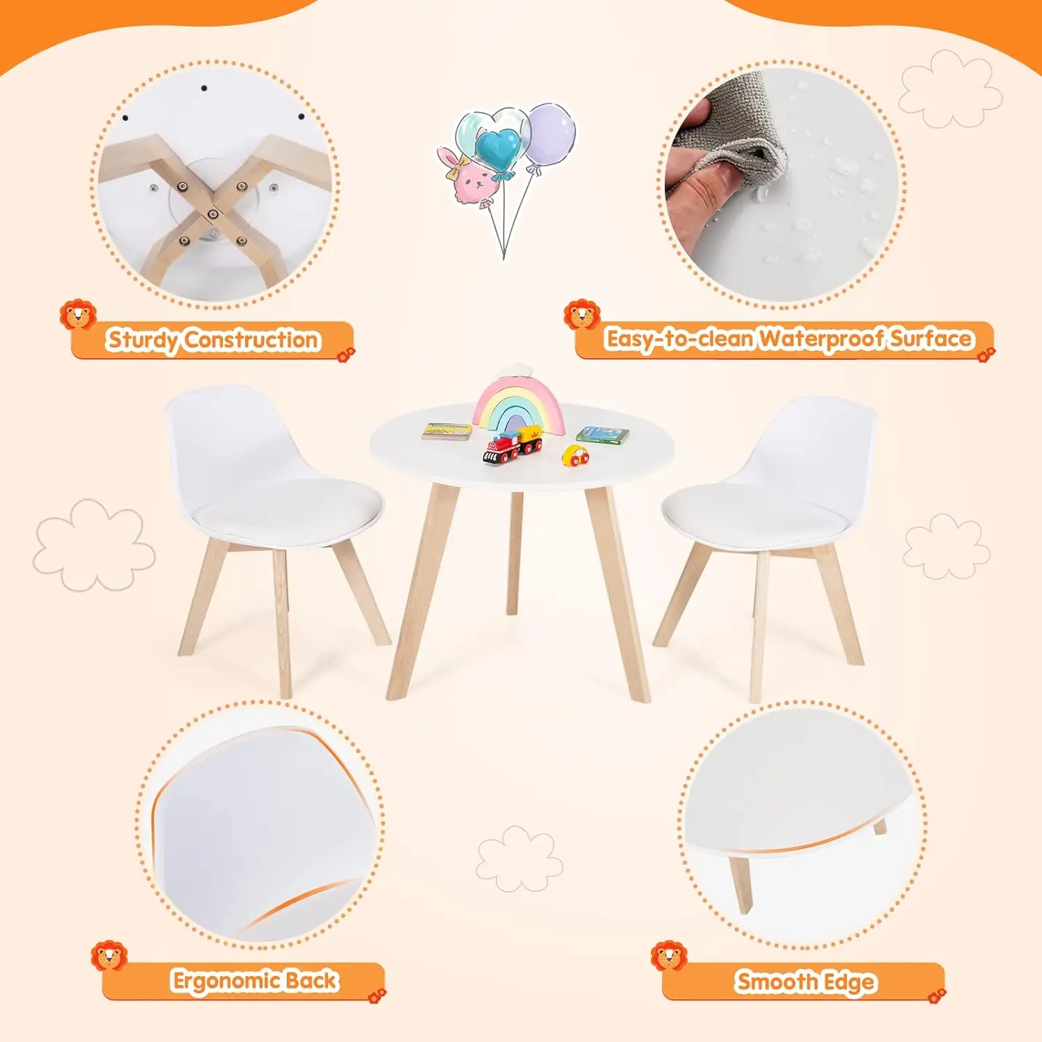 Juego de mesa y sillas para niños, mesa de juego de actividades de madera de 3 piezas con asiento acolchado y patas de madera para artes, manualidades, lectura, preescolar, guardería