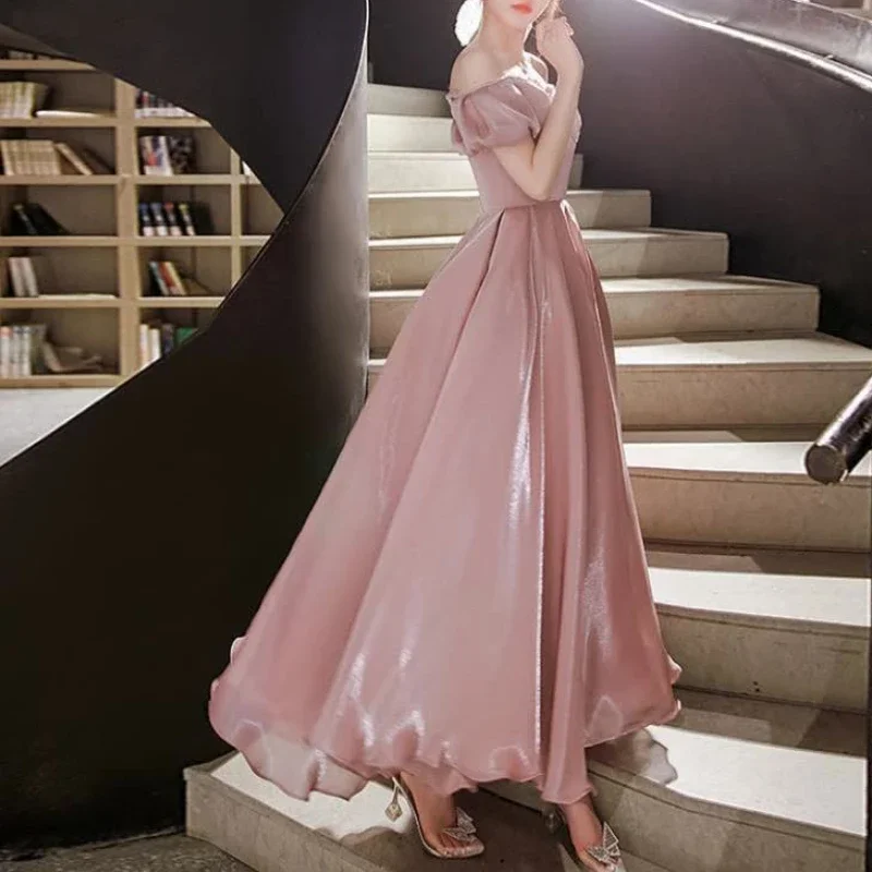 Customized New Temperament Korean Slash Evening Dresses Simple Solid Slim Fit Long Korean Gorgeous Party Dress Soft Moda Sweet F