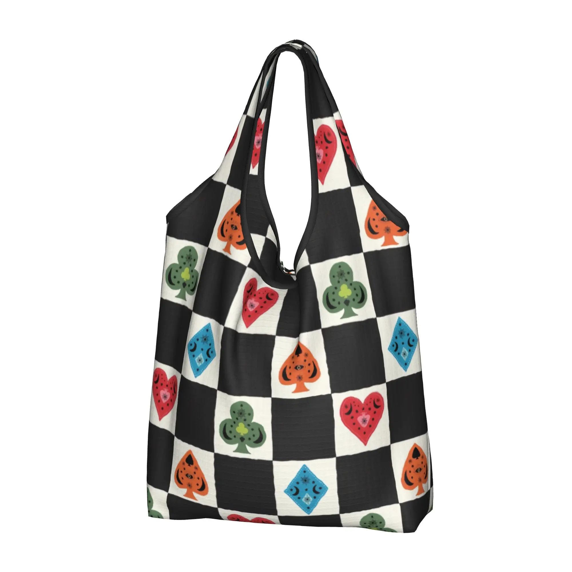 Funny Heart Spade Diamond Club Playing  Shopping Tote Bag Portable Checkered Plaid  Groceries Shopper Shoulder Bag