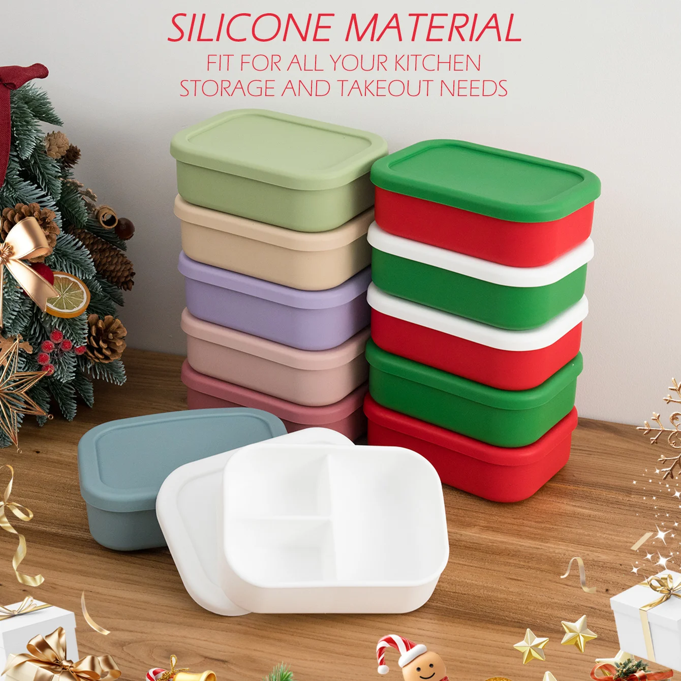 

1PCS Christmas Gift Baby Silicone Tableware Fruit Bento Box With Lid Students Portable Separate Storage Fresh-keeping Bowl