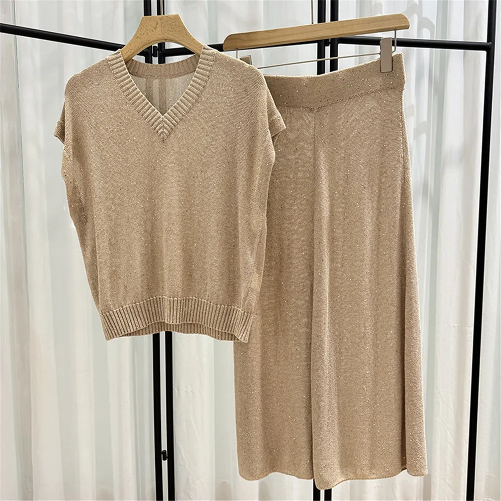 Women\'s Sequin Skirts Suit, V-Neck Pullover Sweater, Elastic Waist, A-Line Skirt, 2 Piece Set, B * C Clothing, 2024