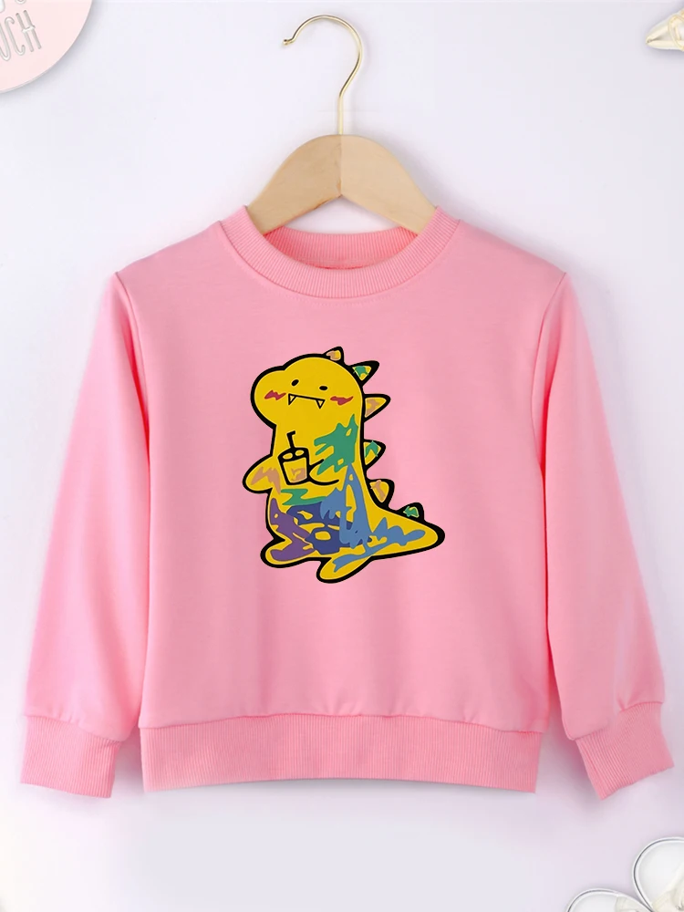 Cute Dinosaur Print Hoodless Baby Girl Boy Yellow Sweatshirts Comfy High Quality New Hot Sell Unisex Y2K Kawaii Sweater Clothes