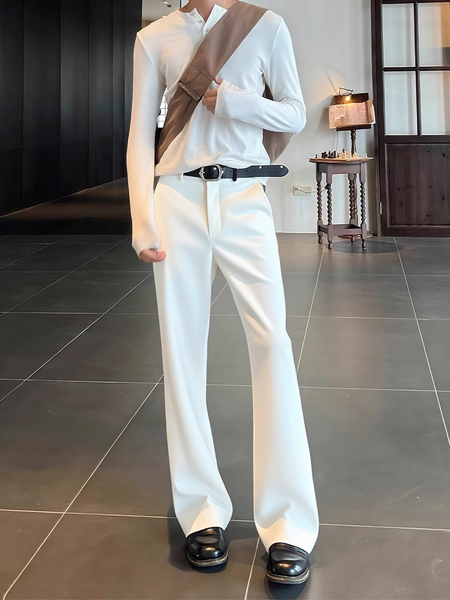 

White Ice Silk Men's Summer Thin Straight Leg Pants CleanFit Bend Knife Pants Drapey High-End Feeling Straight Tube Long Trou...