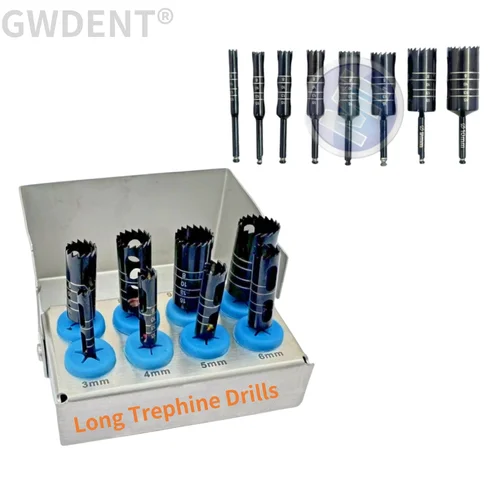 Kit de taladros para implante Dental, 8 Uds., taladros de fresa de Trephine largo, instrumentos quirúrgicos, herramientas dentales, cortador recubierto de titanio negro